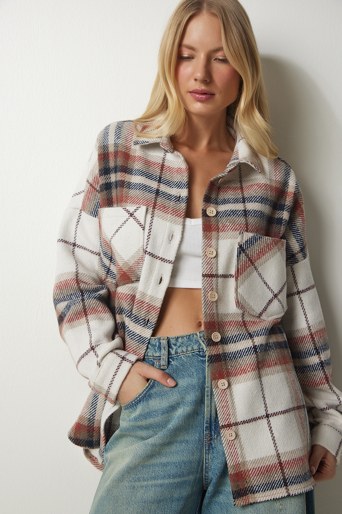 Happiness İstanbul Dámská kašmírová dřevorubecká košile s krémovým vzorem TU00034