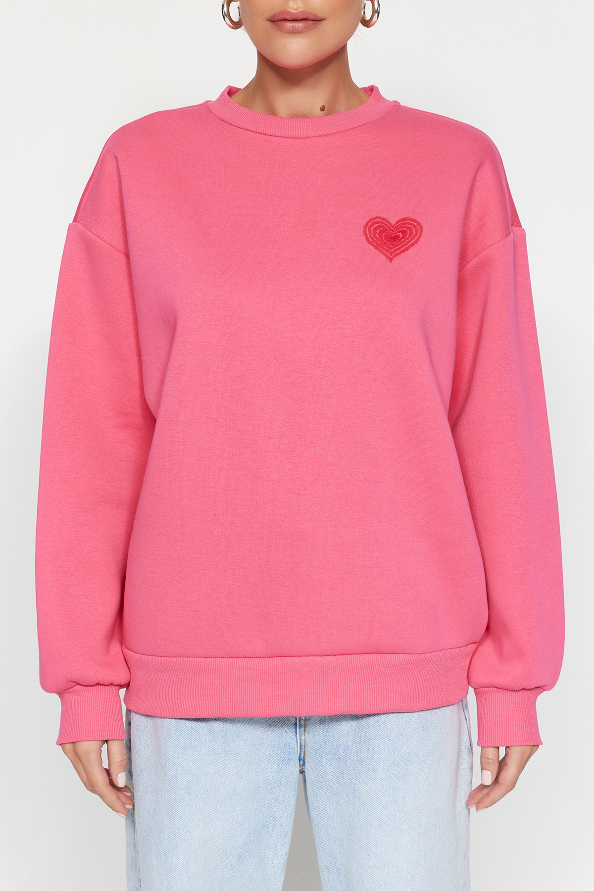 Trendyolmilla  Pembe Kalın İçi Polarlı Göğüs ve Sırt Kabartma Baskılı Oversize Örme Sweatshirt TWOAW24SW00226 - Görsel 4