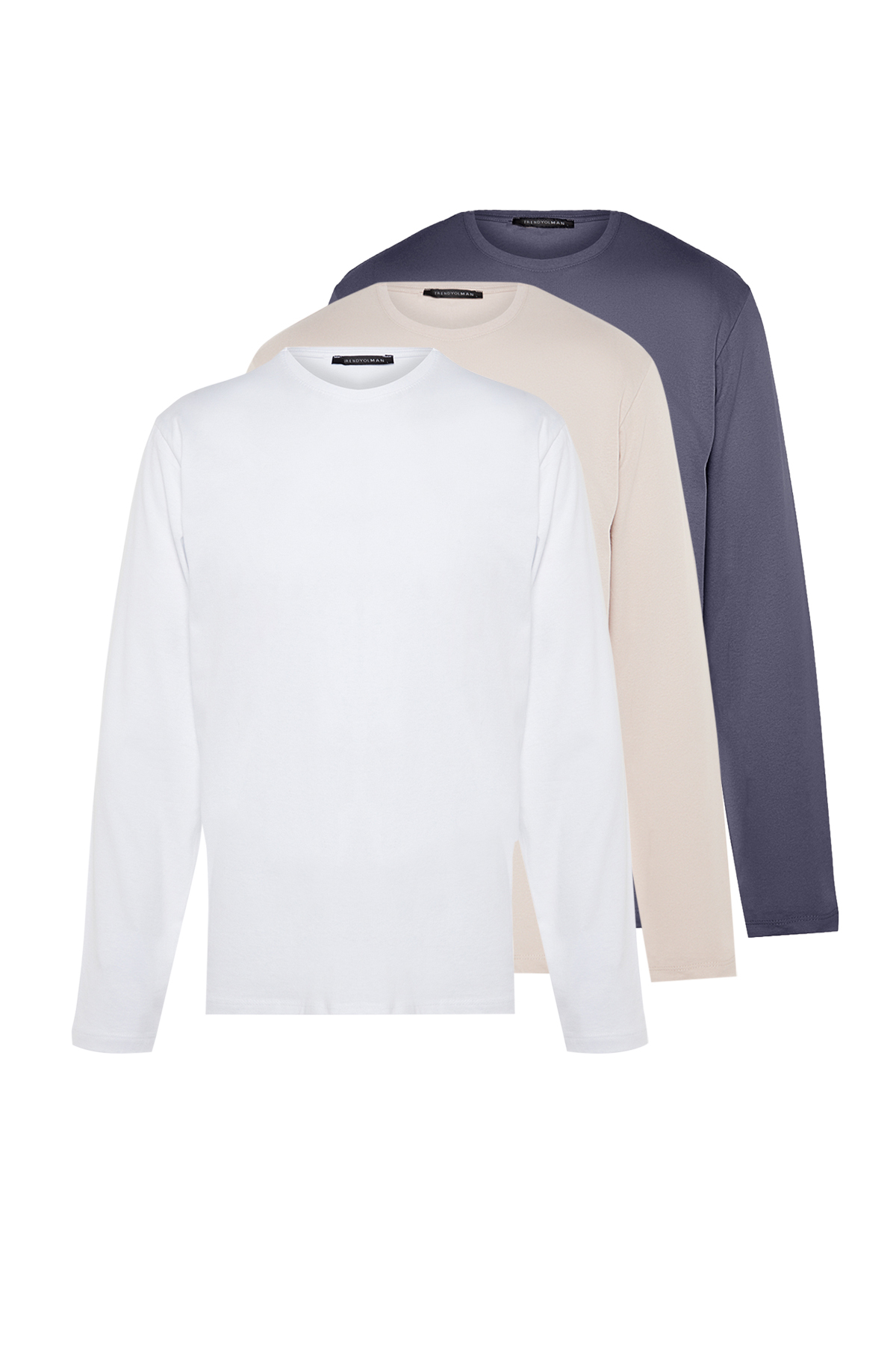 Trendyol Collection mit Trendyol aus Ärmeln langen - im mit 3er-Pack Dunkelgrau-beige-weißes Herren-Basic-T-Shirt schmalem/schmalem Schnitt Baumwolle 100 