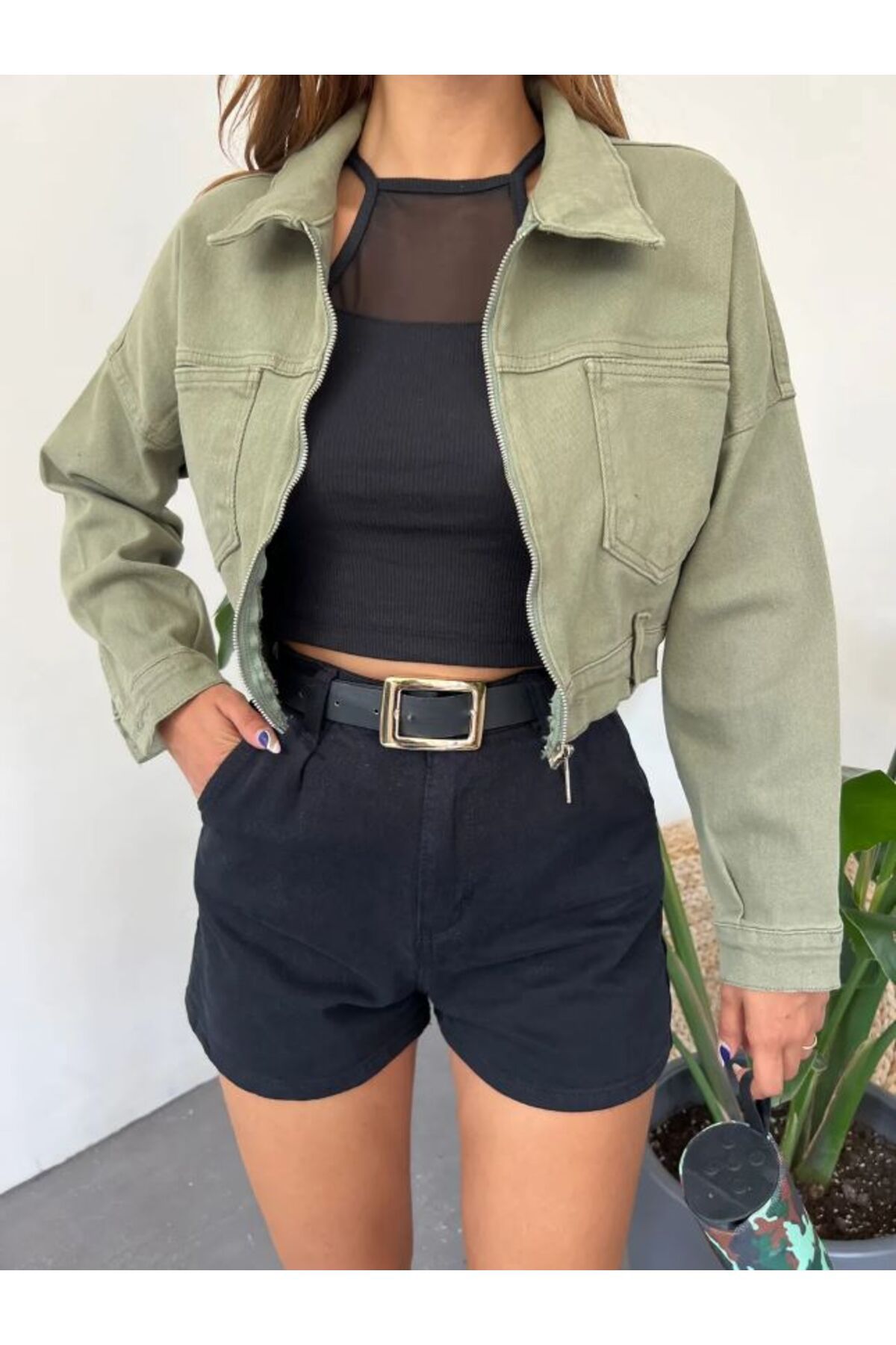 Cropped denim deals jacket khaki