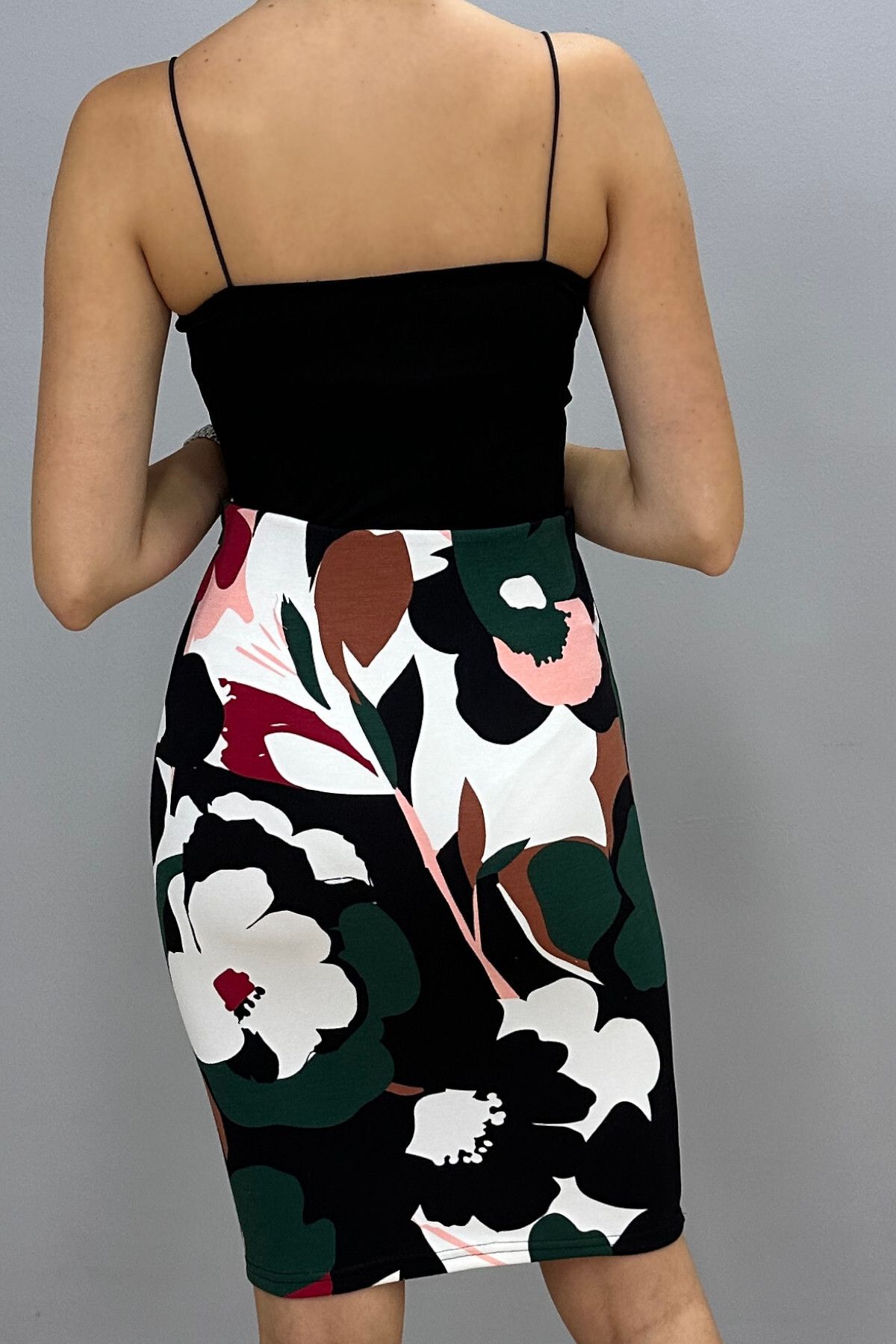 Tam Moda Black Pencil Skirt Green White Floral Trendyol