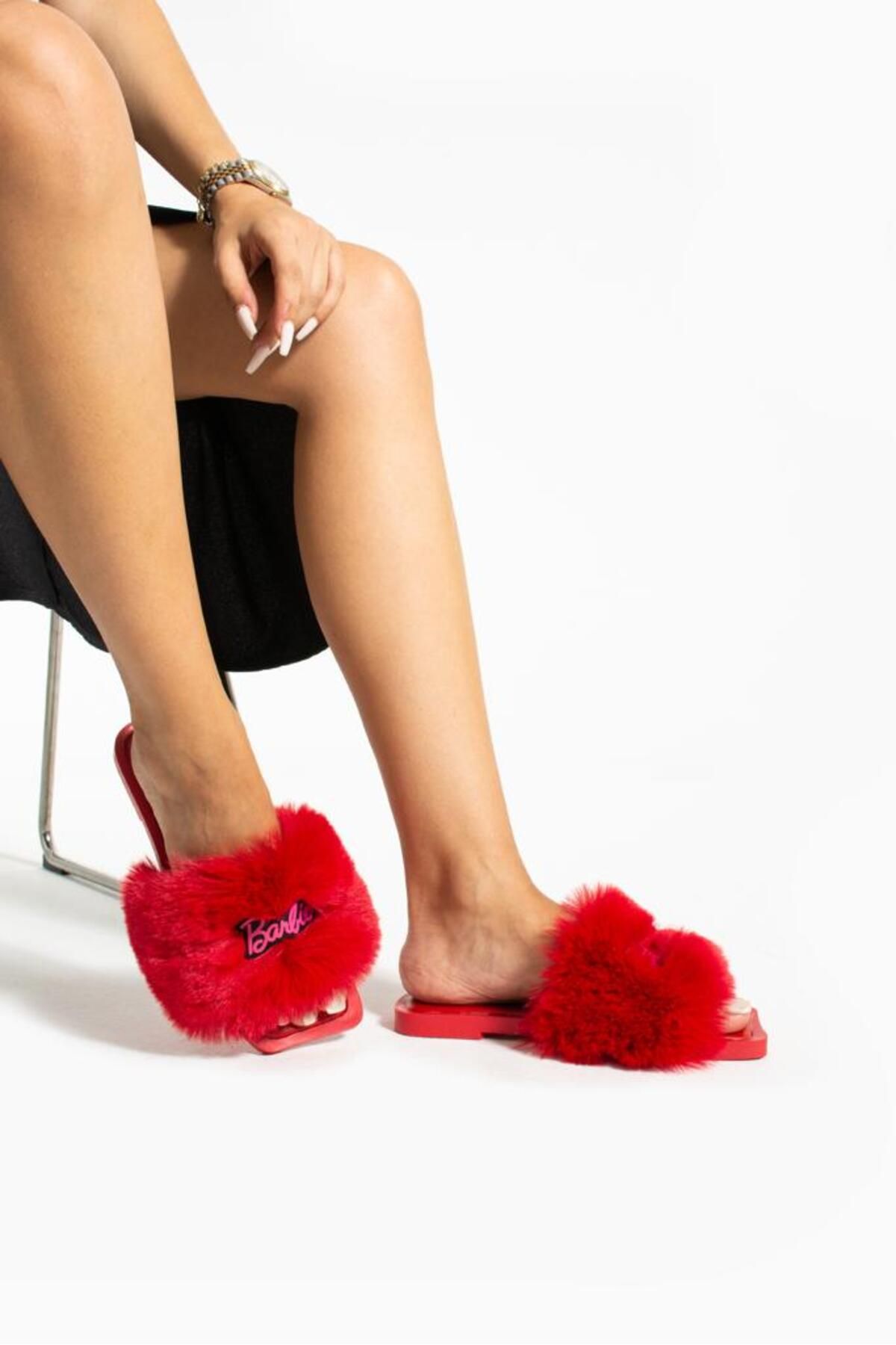 Red fur mules new arrivals
