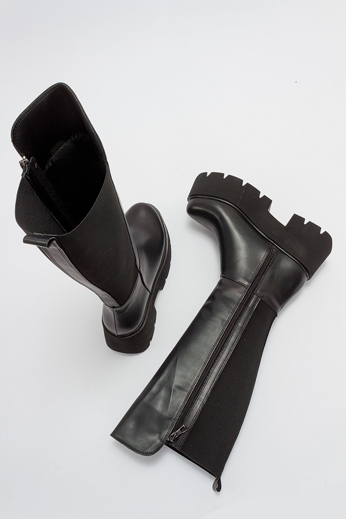 LuviShoes-SOLO Black Skin Elastic Damen-Plateaustiefel mit Absatz 4