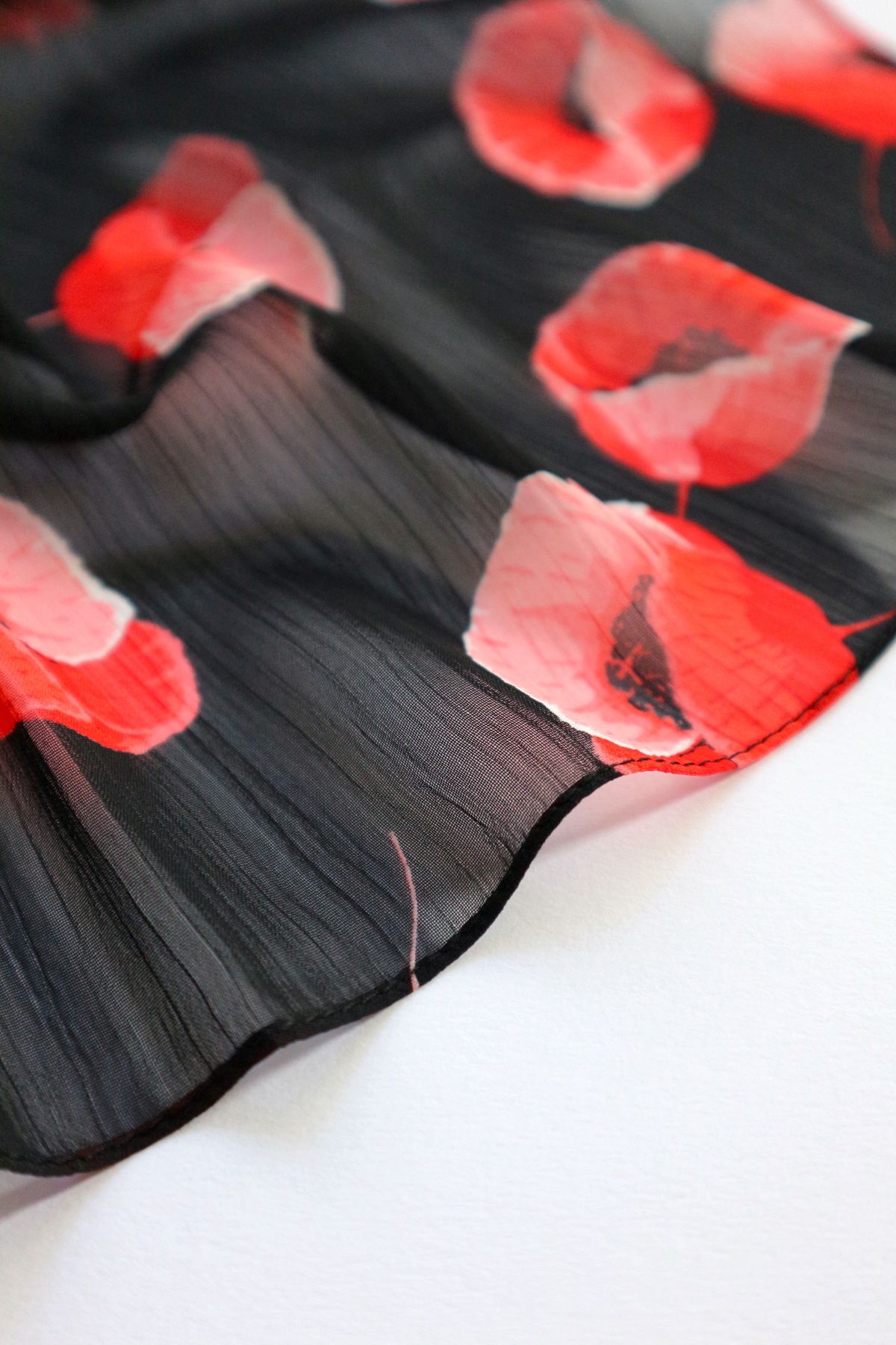 THE MOON-Textured Red Chiffon Scarf with Poppy Flower Pattern 6