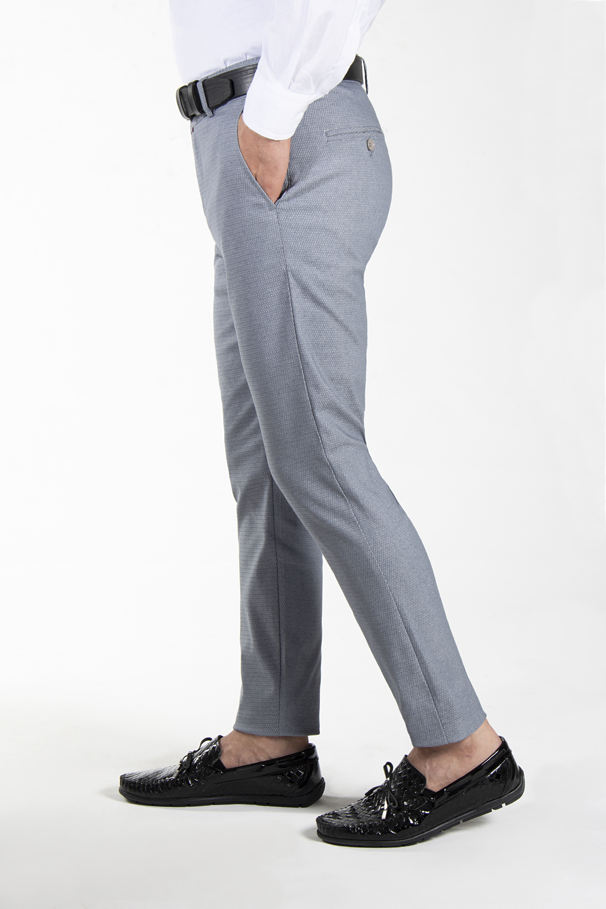 VEAVEN Erkek Kül Gri Slim Fit Petekli Italyan Kesim Keten Pantolon görsel 2