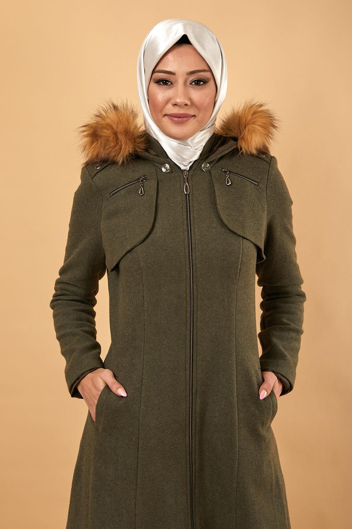 Modamihram-Zippered Hooded Kachet Coat Khaki 12265 2