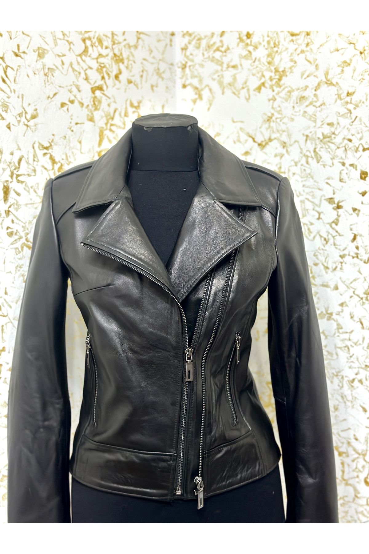 Short collar shop leather jacket