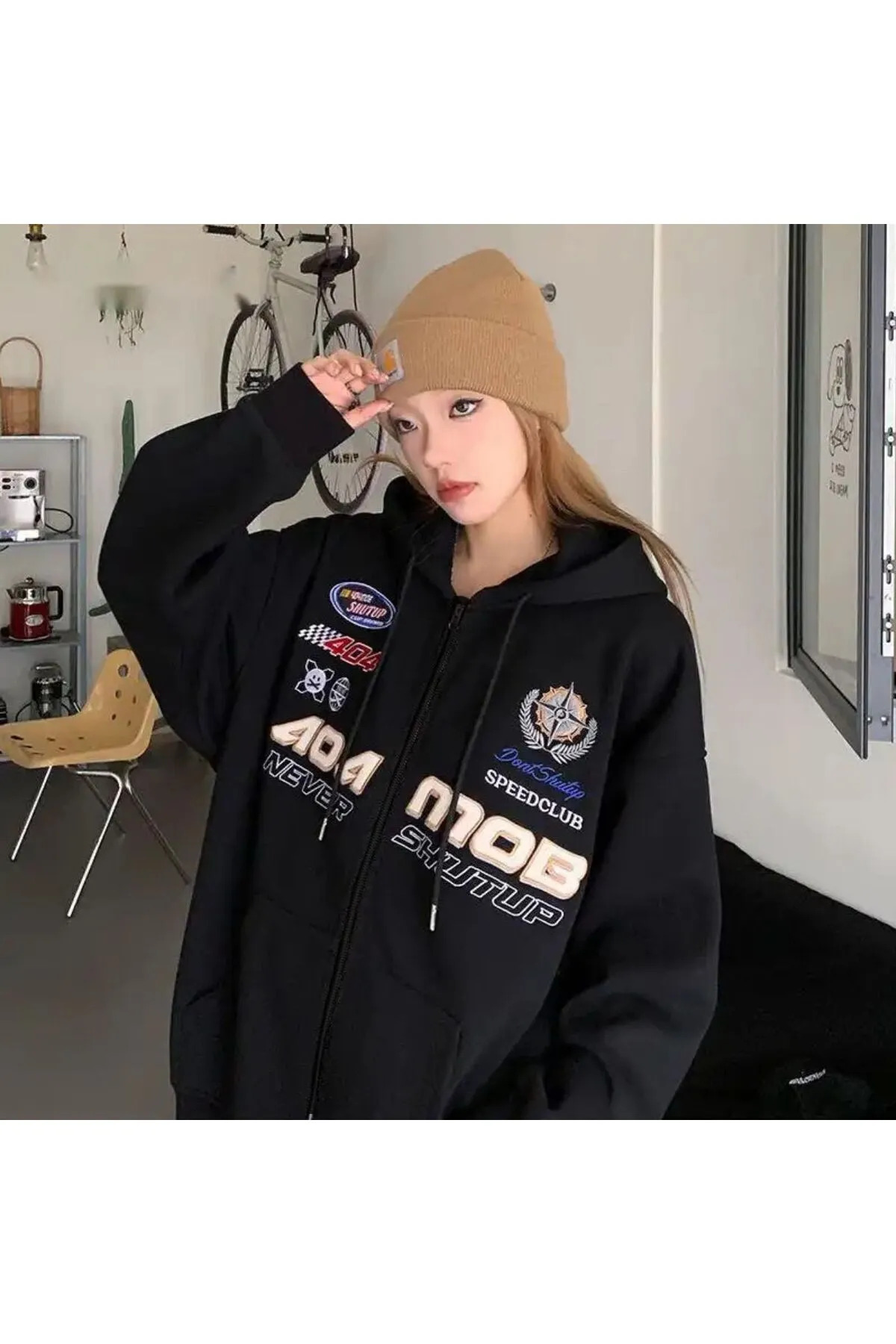 Gofeel Harajuku Kapüşonlu 404 Baskılı Fermuarlı Oversize Hırka