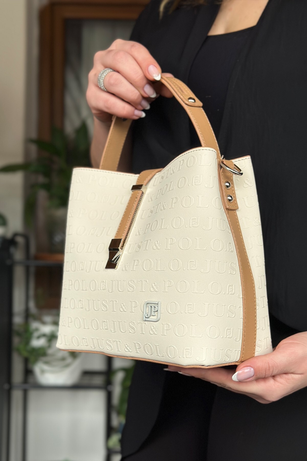 s3 Medium JP Embossed Women's 4 Compartment Shoulder Bag with Lock Detail 4002 Cream