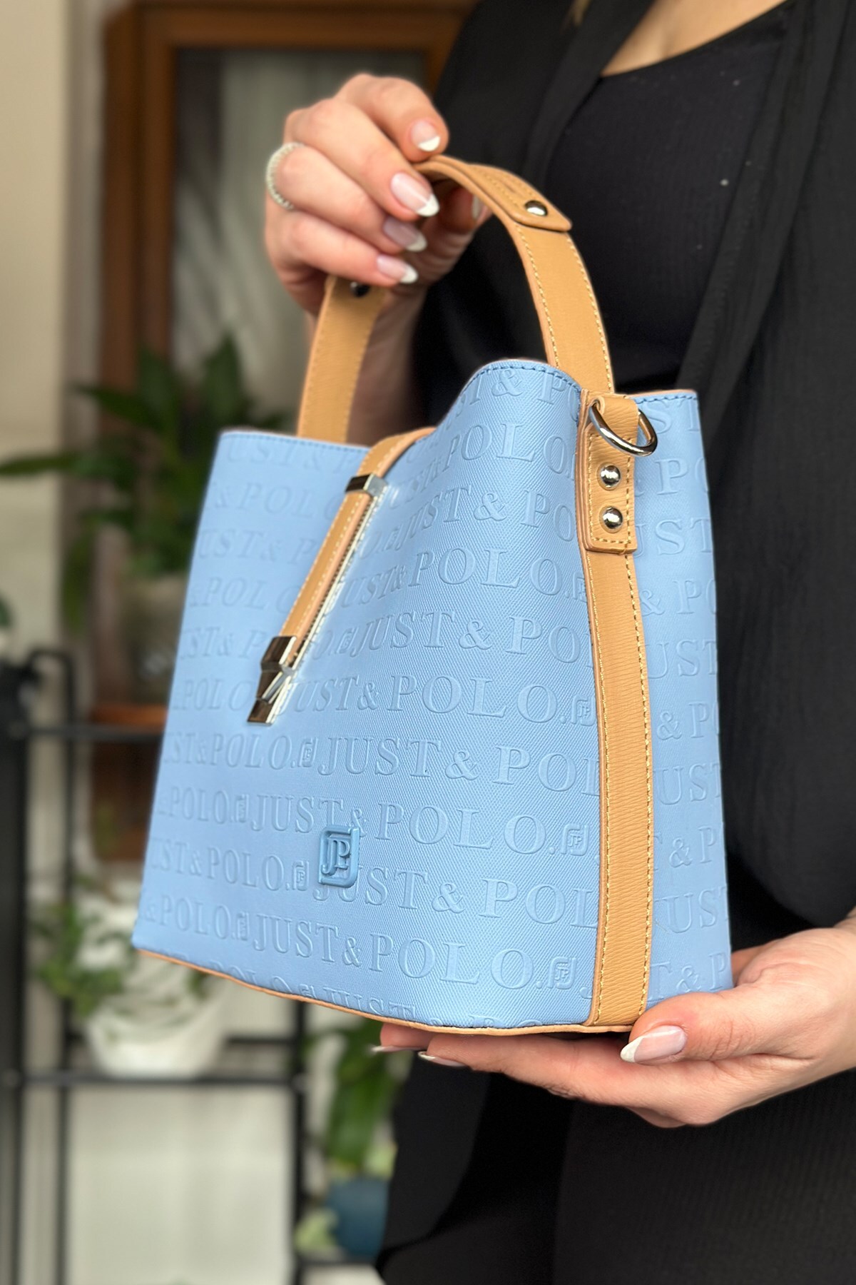 s3 Medium JP Embossed Women's 4 Compartment Shoulder Bag with Lock Detail 4002 Blue