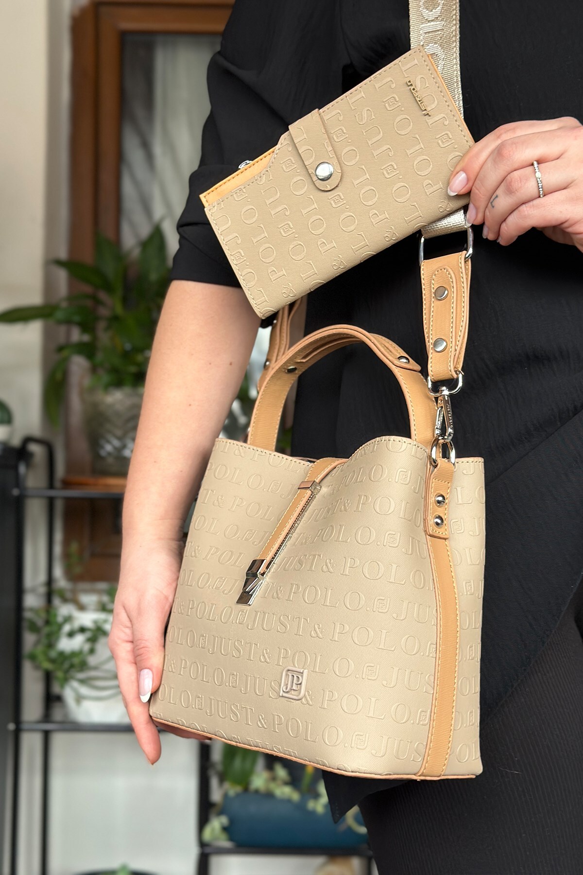 s3 Medium JP Embossed Women's 4 Compartment Shoulder Bag with Lock Detail 4002 Sand Combination