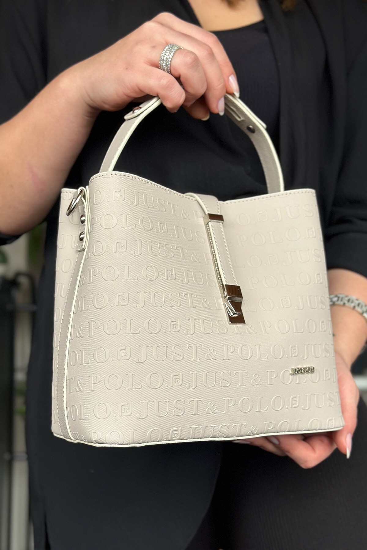 s3 Medium JP Embossed Women's 4 Compartment Shoulder Bag with Lock Detail 4002 Stone