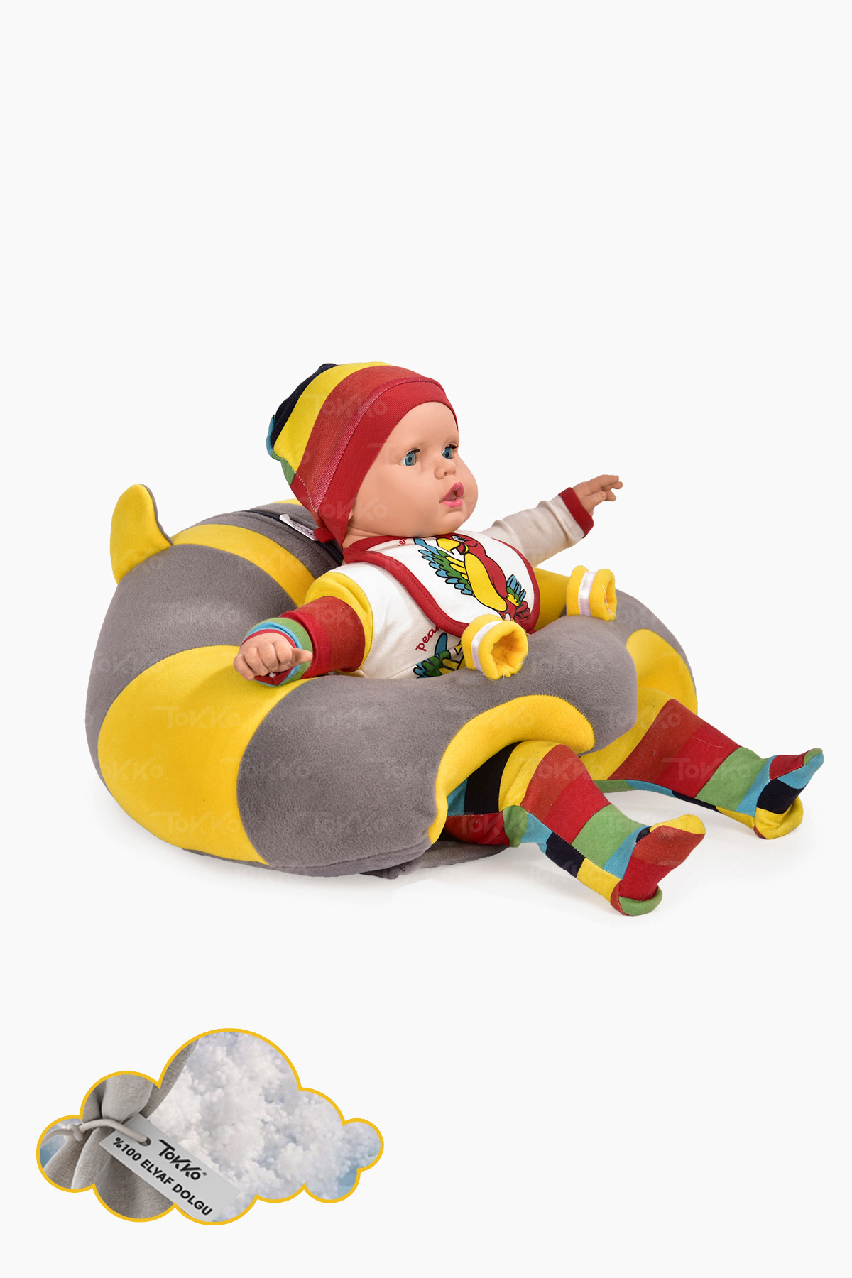 TOKKO Elyaf Dolgu Bebek Oturma Destek Minderi - Devrilmez Bebek Koltuğu - Büyük Bebek Oturağı Gri Sarı