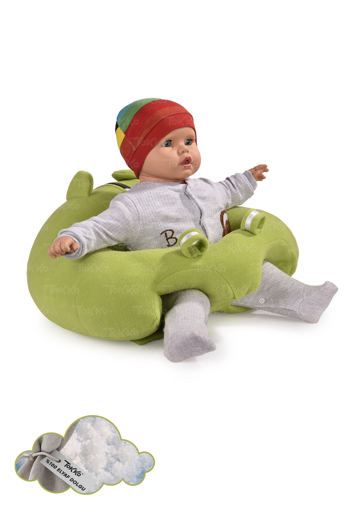 TOKKO Elyaf Dolgu Bebek Oturma Destek Minderi - Devrilmez Bebek Koltuğu - Büyük Bebek Oturağı Yeşil