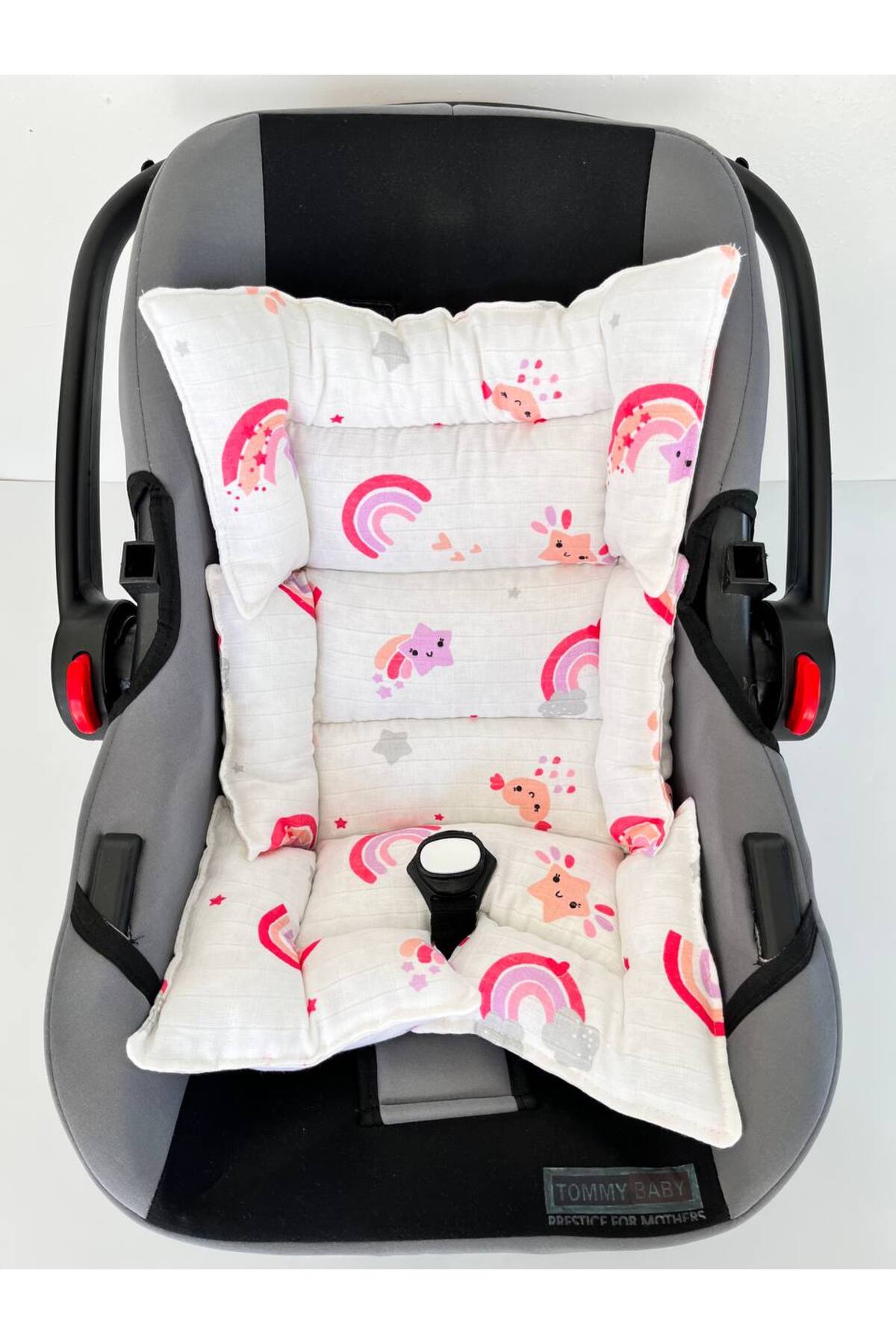 Puro Cotone %100 Pamuk Bebek Müslin Puset Örtüsü ve Puset Minderi Pembe Gökkuşağı Desenli fotoğrafı 3 (önizleme)