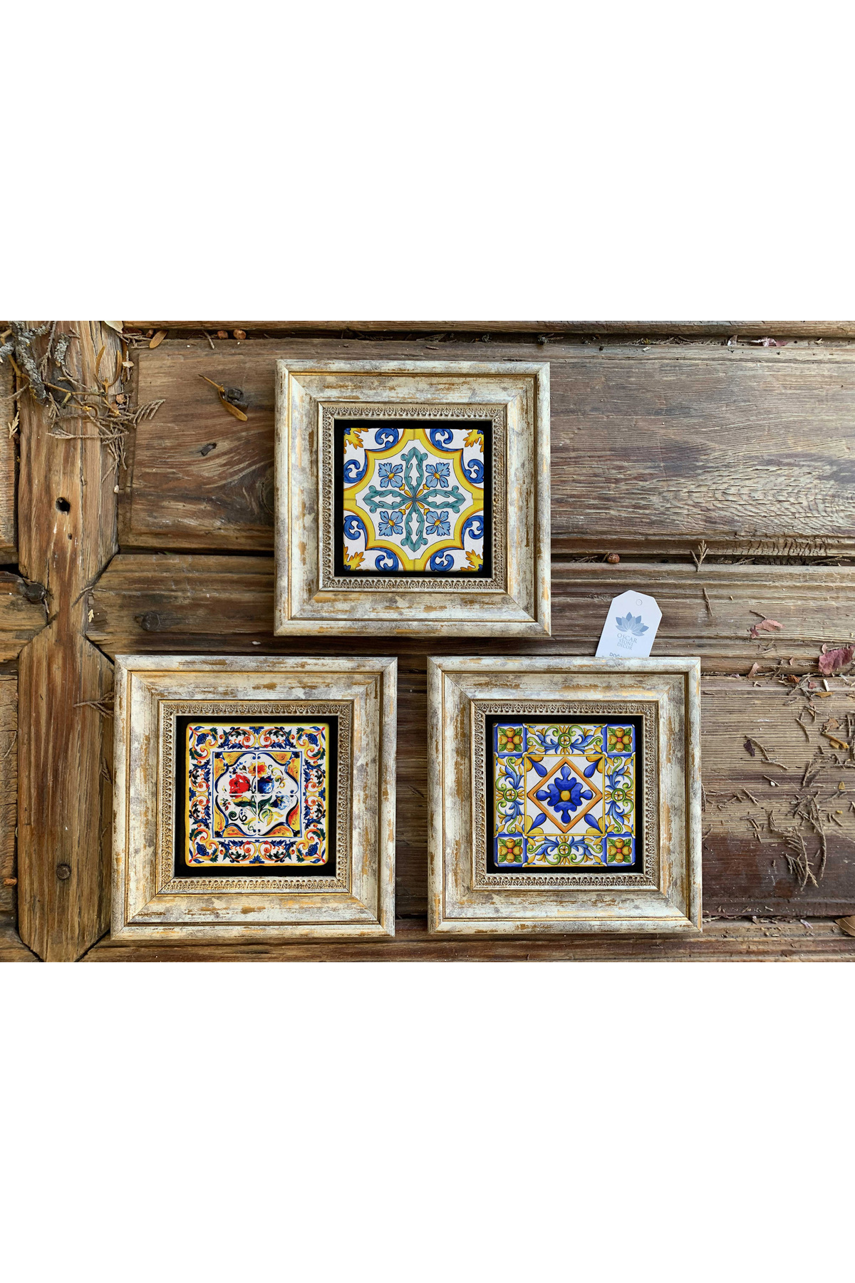 Framed Stone Table 20x20 cm Set of 3 Yellow Patterns