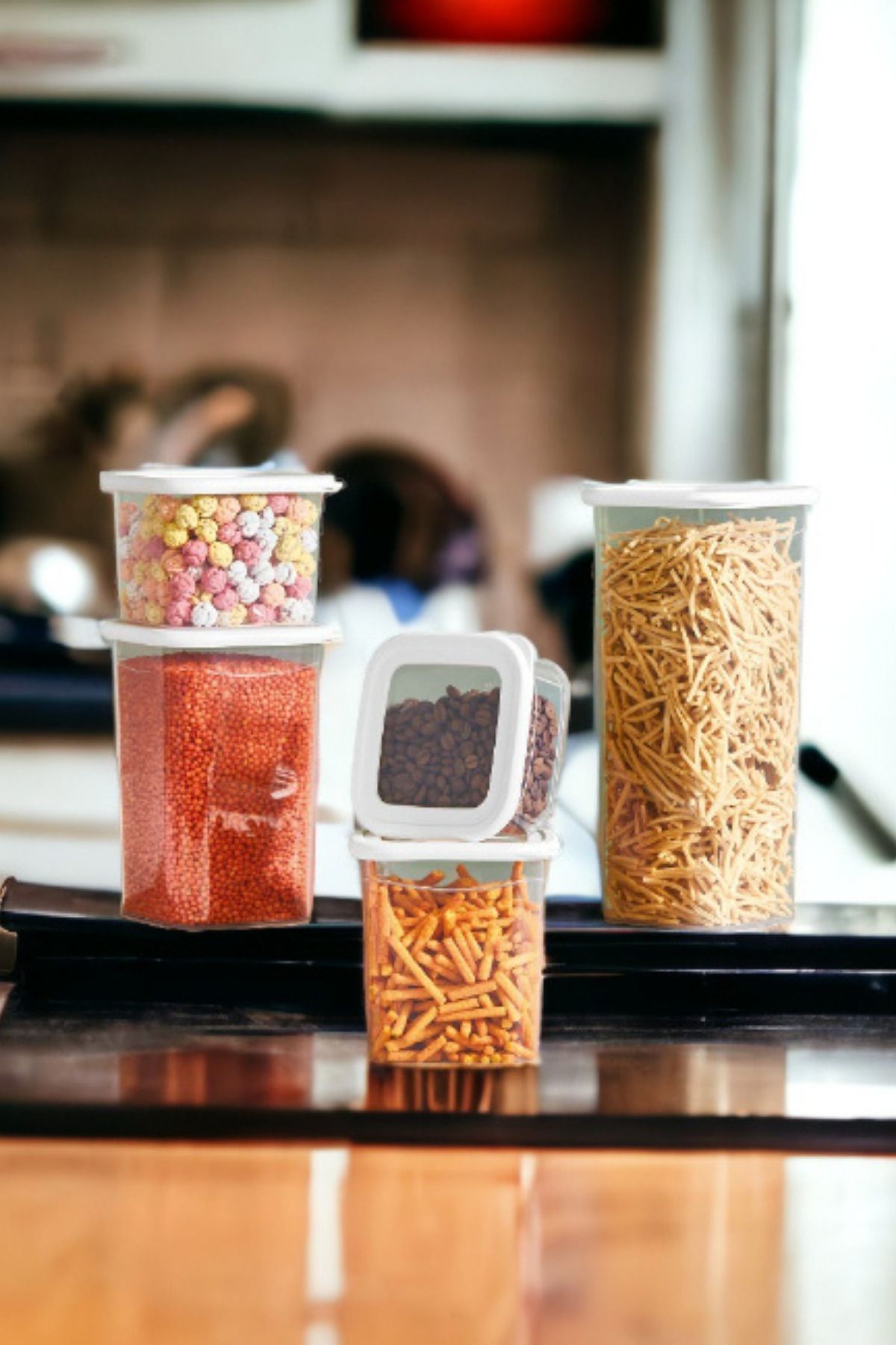 Melkan Home-Food Container 5-Piece Square Food Container Storage Container Dowry Set Square Transparent Spice Bowl Set with White Lid 4