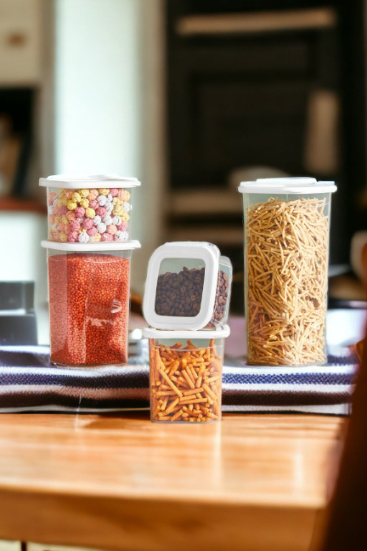 Melkan Home-Food Container 5-Piece Square Food Container Storage Container Dowry Set Square Transparent Spice Bowl Set with White Lid 5