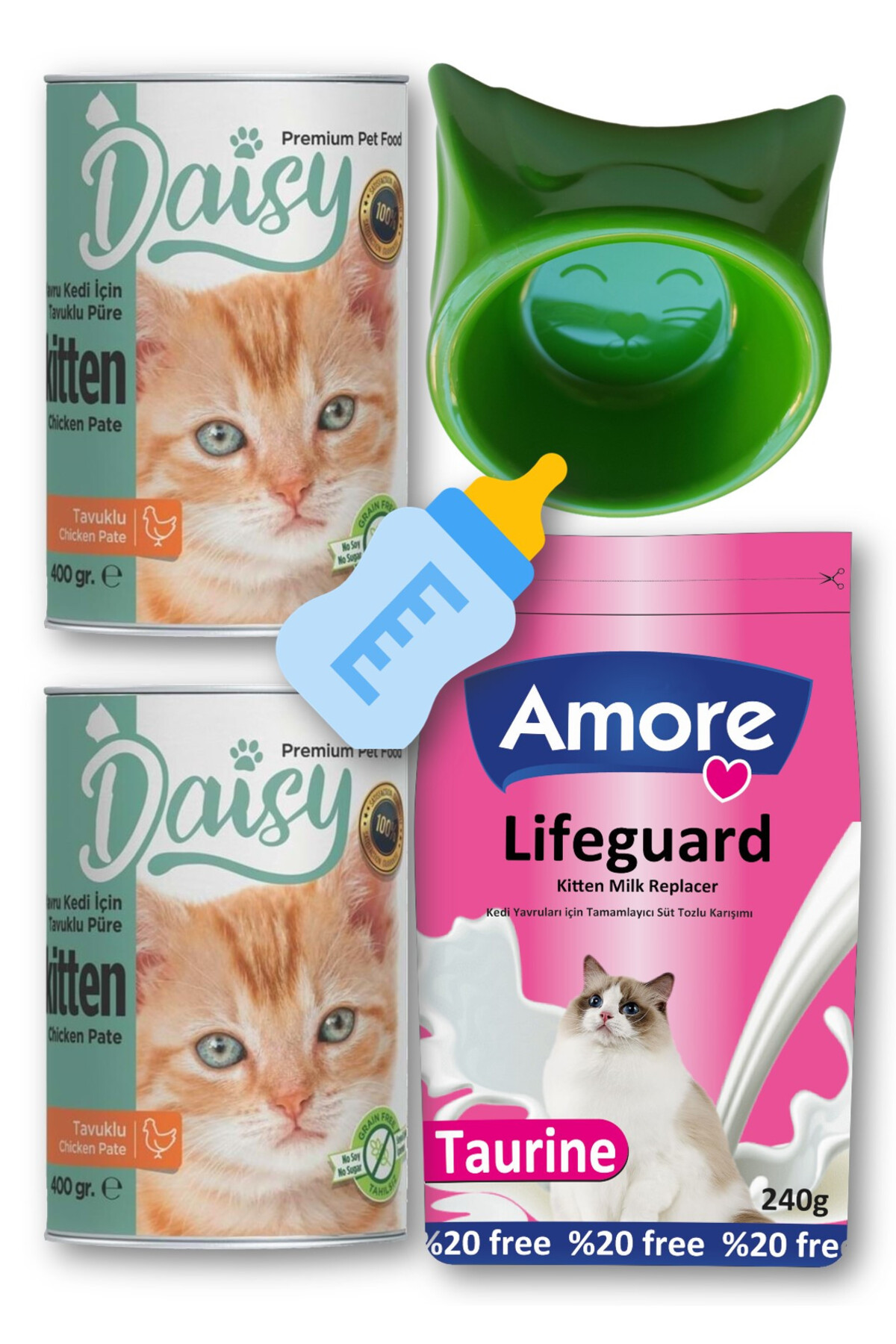 AMORE Lifeguard 240gr Yavru Kedi Süt Tozu, Daisy Kitten Konserve, Biberon, Mama Kabı Set