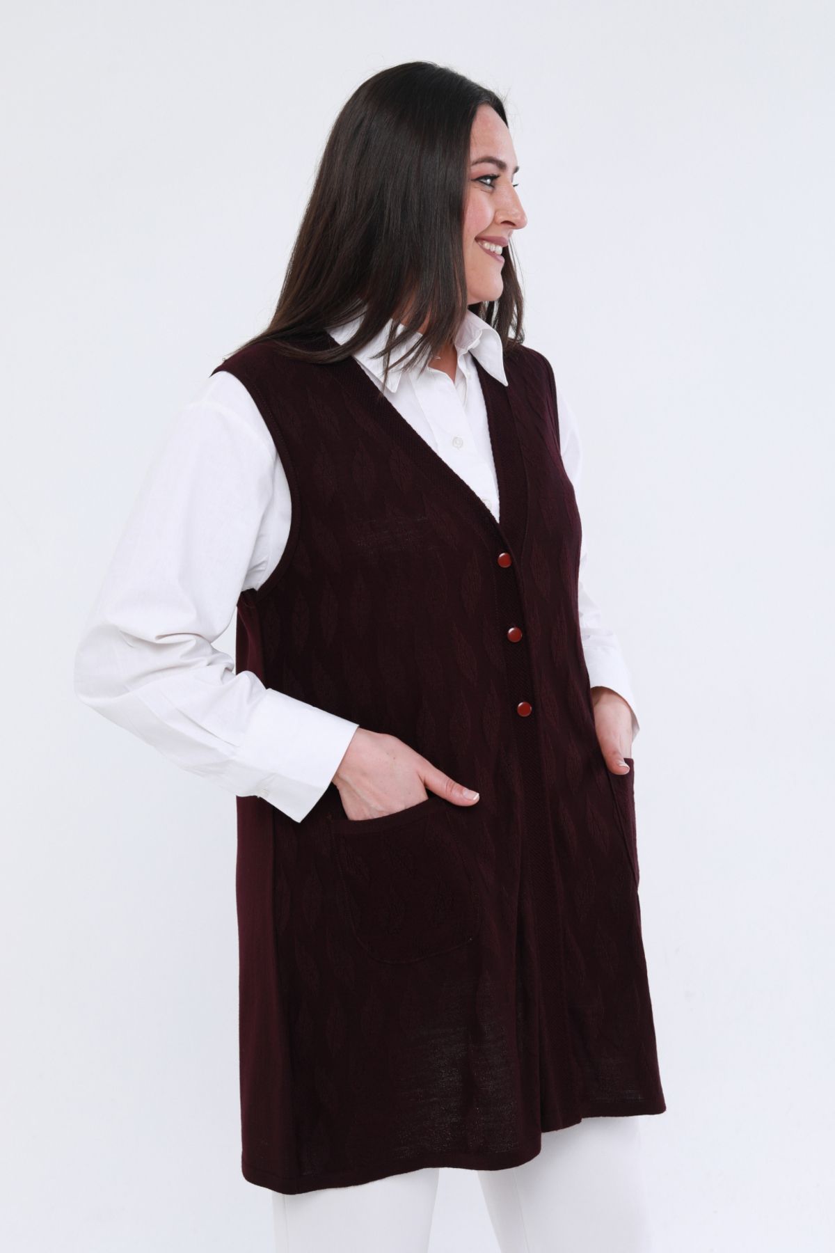 Laden Knitwear Plus Size Spring Long Mother Burgundy Vest Trendyol