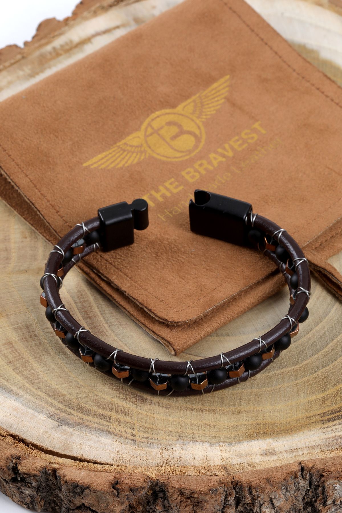 MRHERO Mh032 Men s Brown Steel Wire Wrapped Natural Stone Leather Thread Handmade Genuine Leather Bracelet