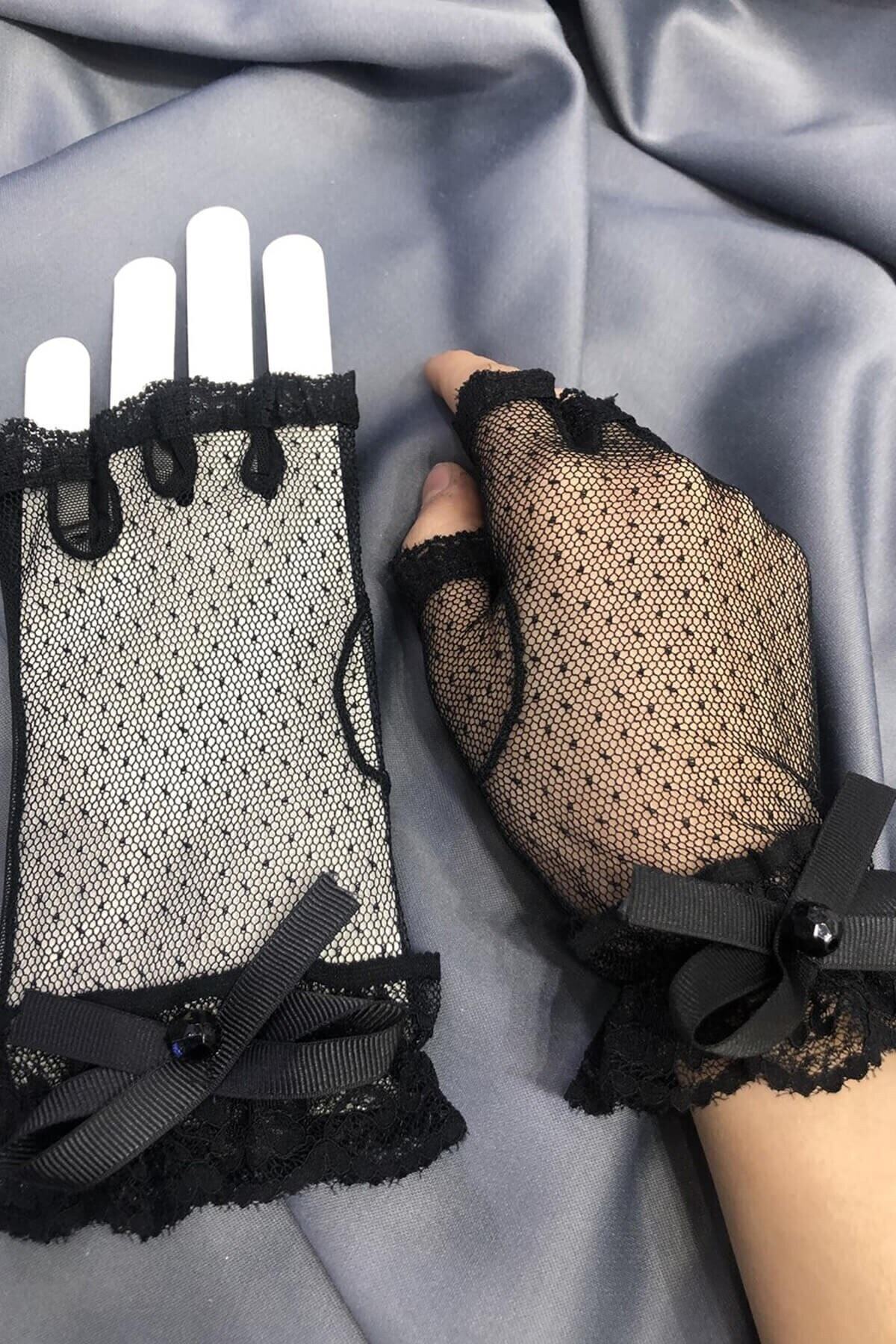 Hobigram Düğün Malzemesi Siyah Yarım Puantiyeli Eldiven – Düğün & Kına & Nikah, Şık Tasarım, Kadın Aksesuarı