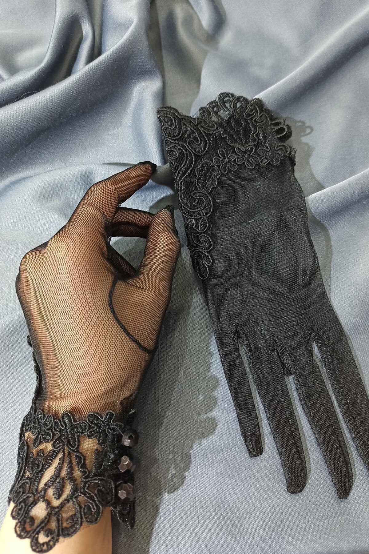 Hobigram Düğün Malzemesi Siyah Desen Dantelli Eldiven – Düğün & Kına & Nikah, Şık Tasarım, Kadın Aksesuarı –