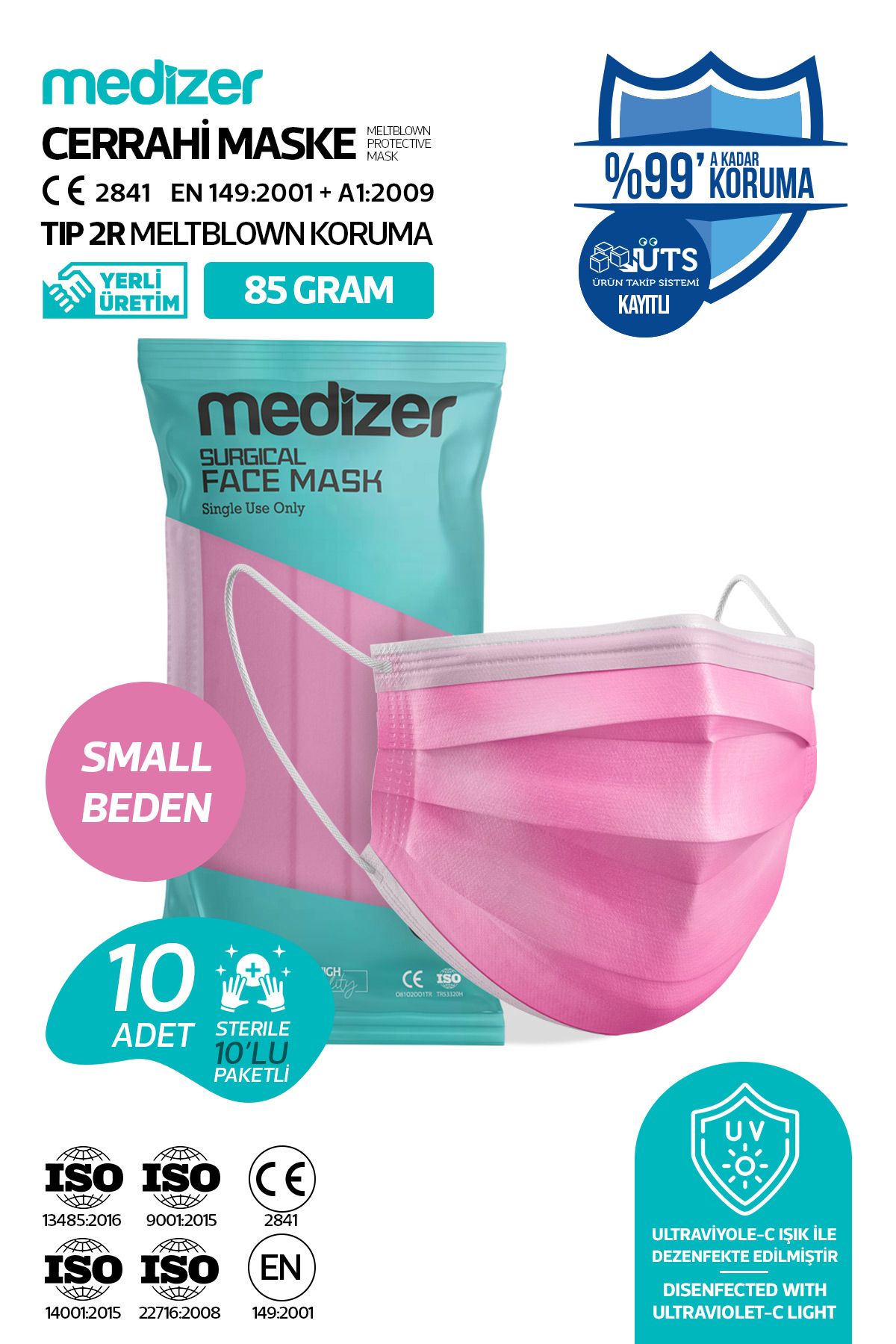 Medizer Meltblown Small Beden Yetişkin Pembe Cerrahi Maske 10'lu 1 Paket - Telli