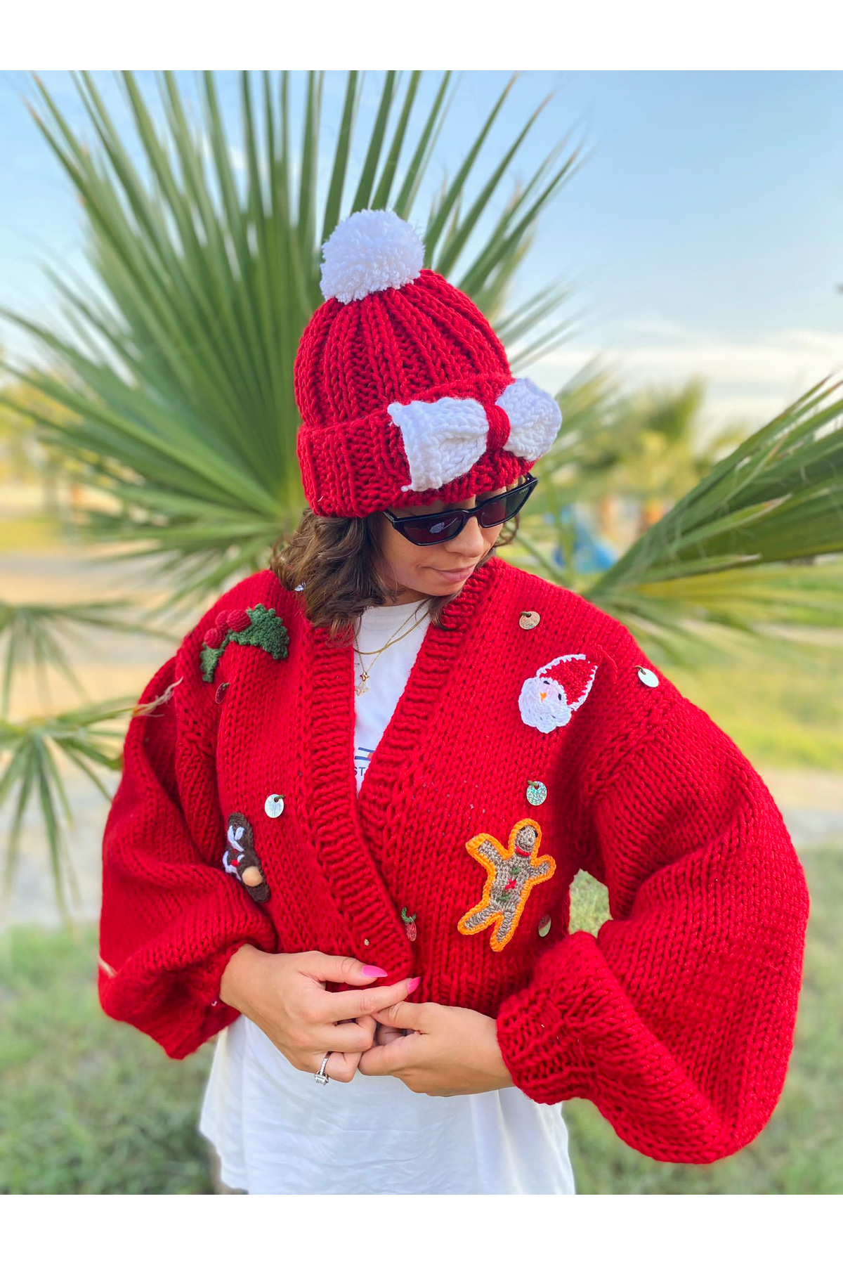 ORGANICMIRA Yılbaşı Crop Hırka ve Şapka Takım Kırmızı Yeni Yıl