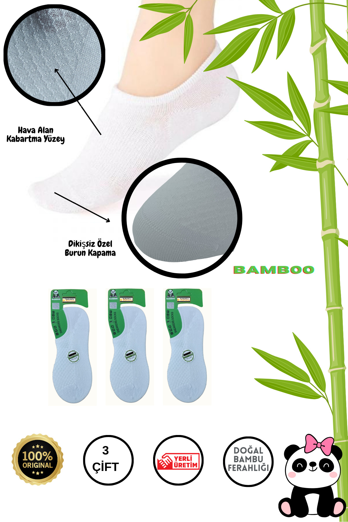 Bambu Görünmez Sneakers Dikişsiz Kadın Çorap (3 Çift) Düz Kısa Kaliteli Çorap — görsel 5 · FHXCFHX