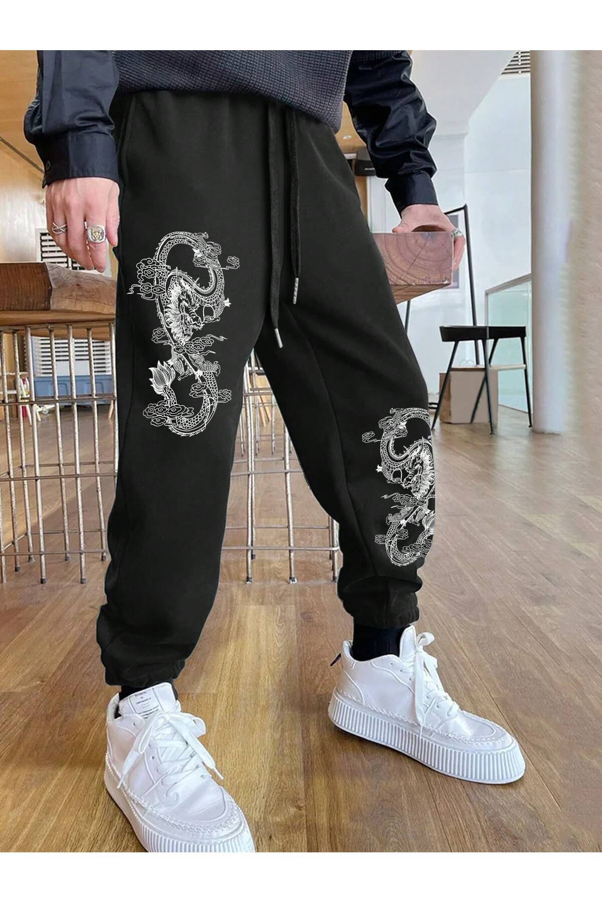 Adrift  Dragon & Letter Graphic Drawstring Waist Eşofman Altı - Görsel 2