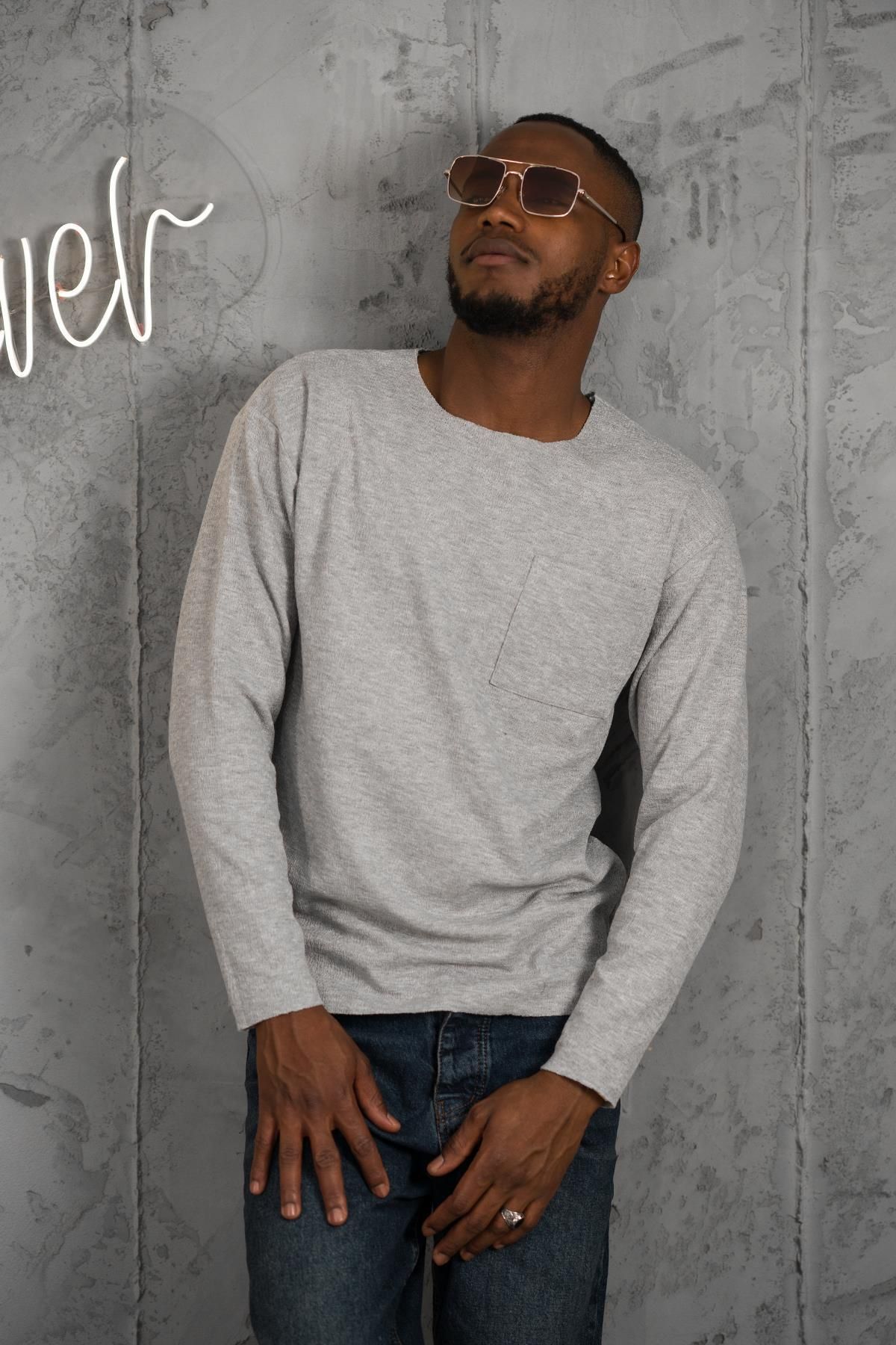 AK AYLAR Regular Fit Deep Crew Neck Pocket Long Sleeve Men s