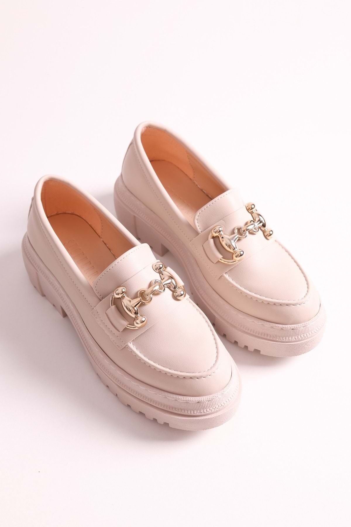 Shoeberry-Damen Rex Beige Skin Loafer mit dicker Sohle und Schnalle Beige Skin 4