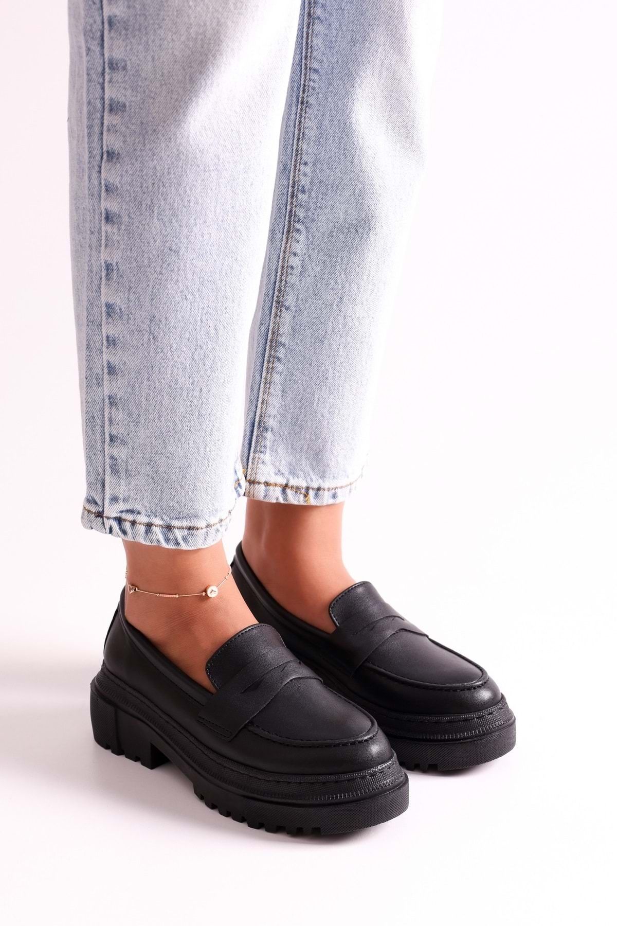Shoeberry Damskie Mokasyny Motto Black Skin Z Grubą Podeszwą Black Skin Kobieta - 37