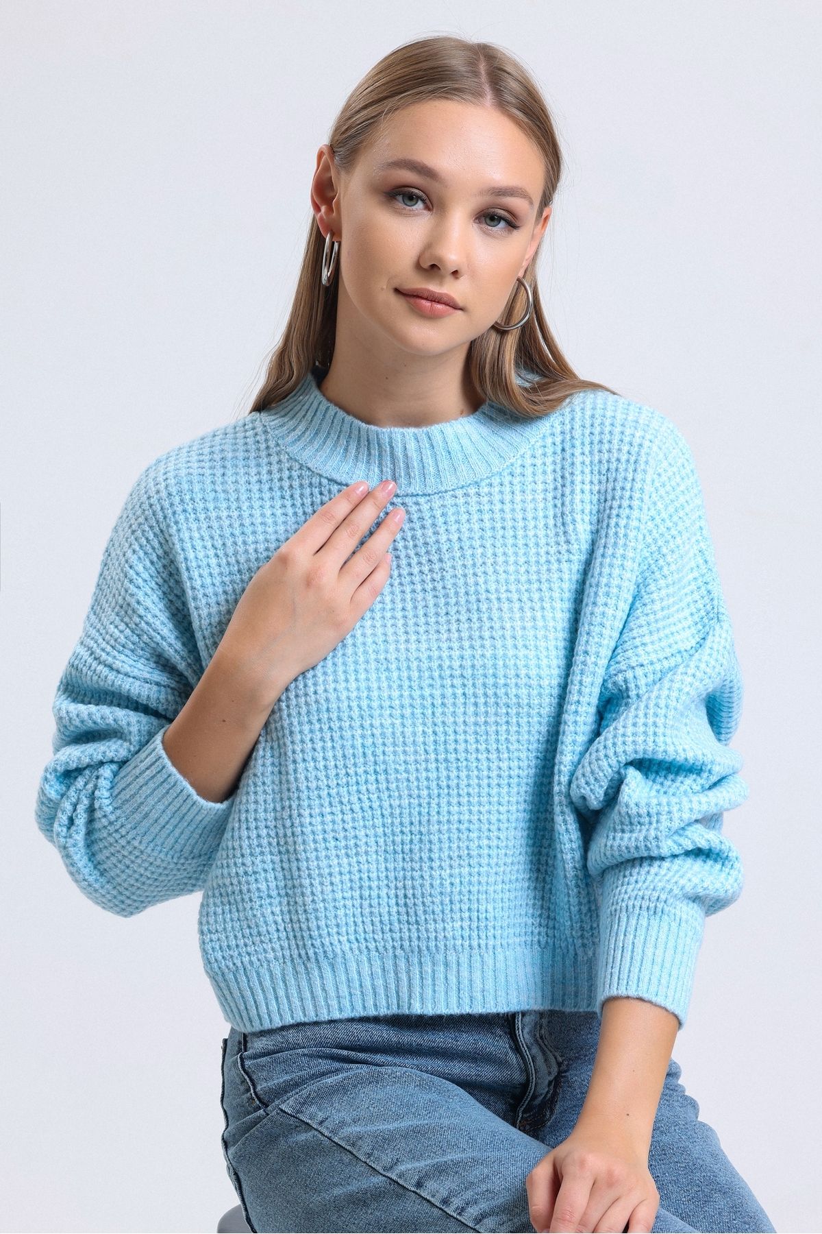 MD trend Women s Light Blue High Collar Balloon Sleeve Crop